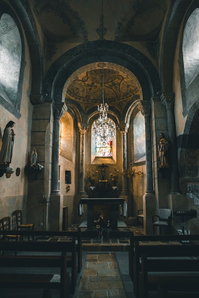 A black and white picture of a church
