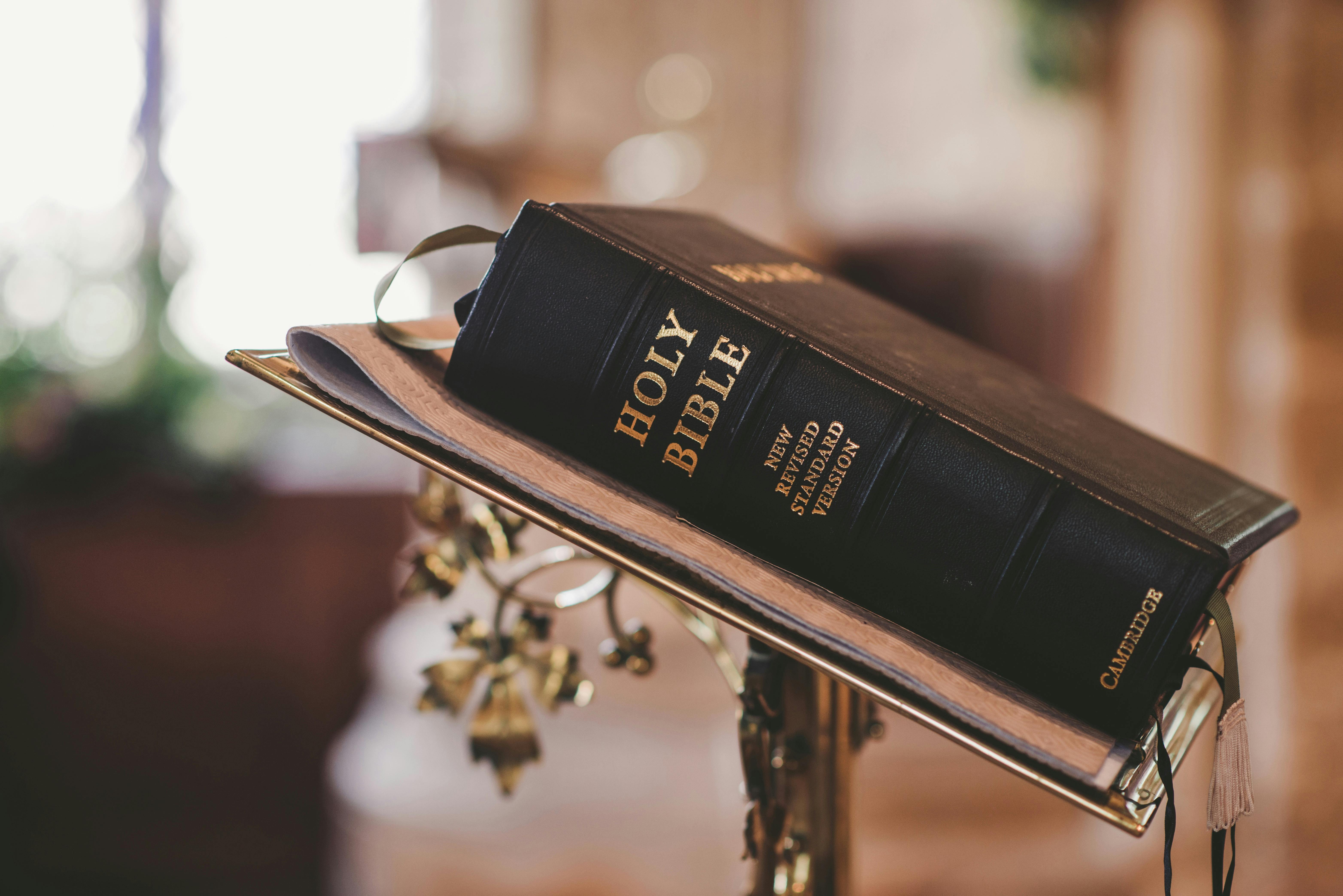 A Bible resting on a lectern in a church